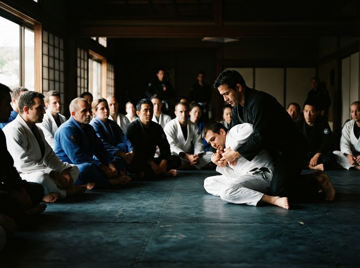 Adult students seated on the mat watching an instructor demonstrate a technique