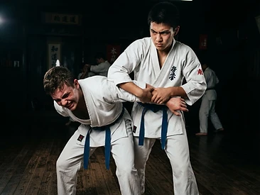 Teenage martial arts student applying a joint lock technique to a training partner