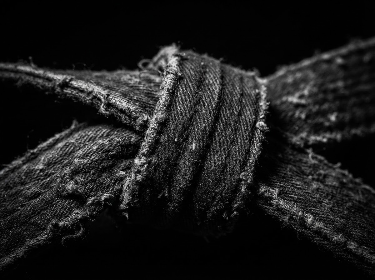 Macro photograph of a knotted black martial arts belt showing fabric texture