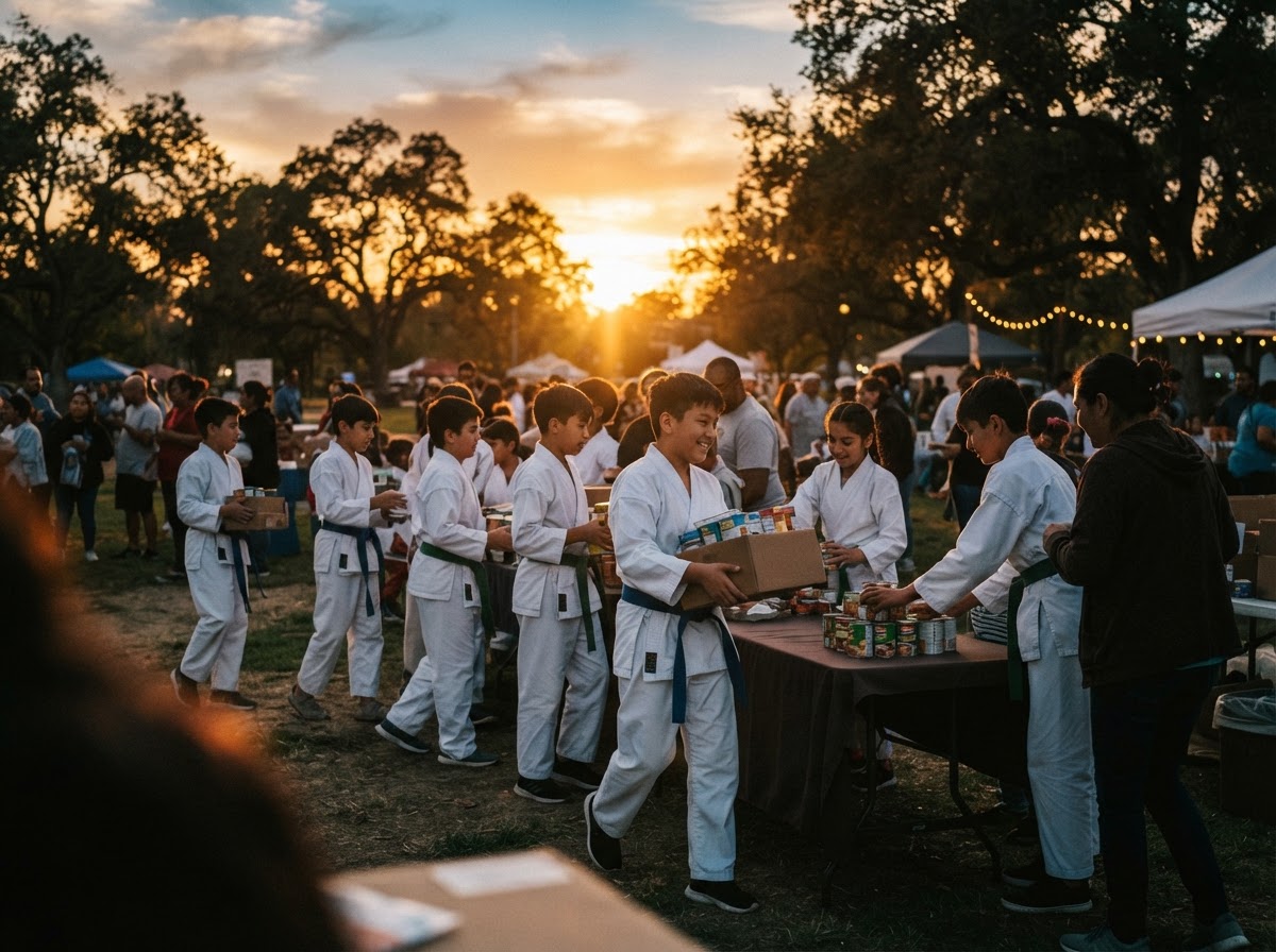 Martial arts students volunteering outdoors at a community event at dusk