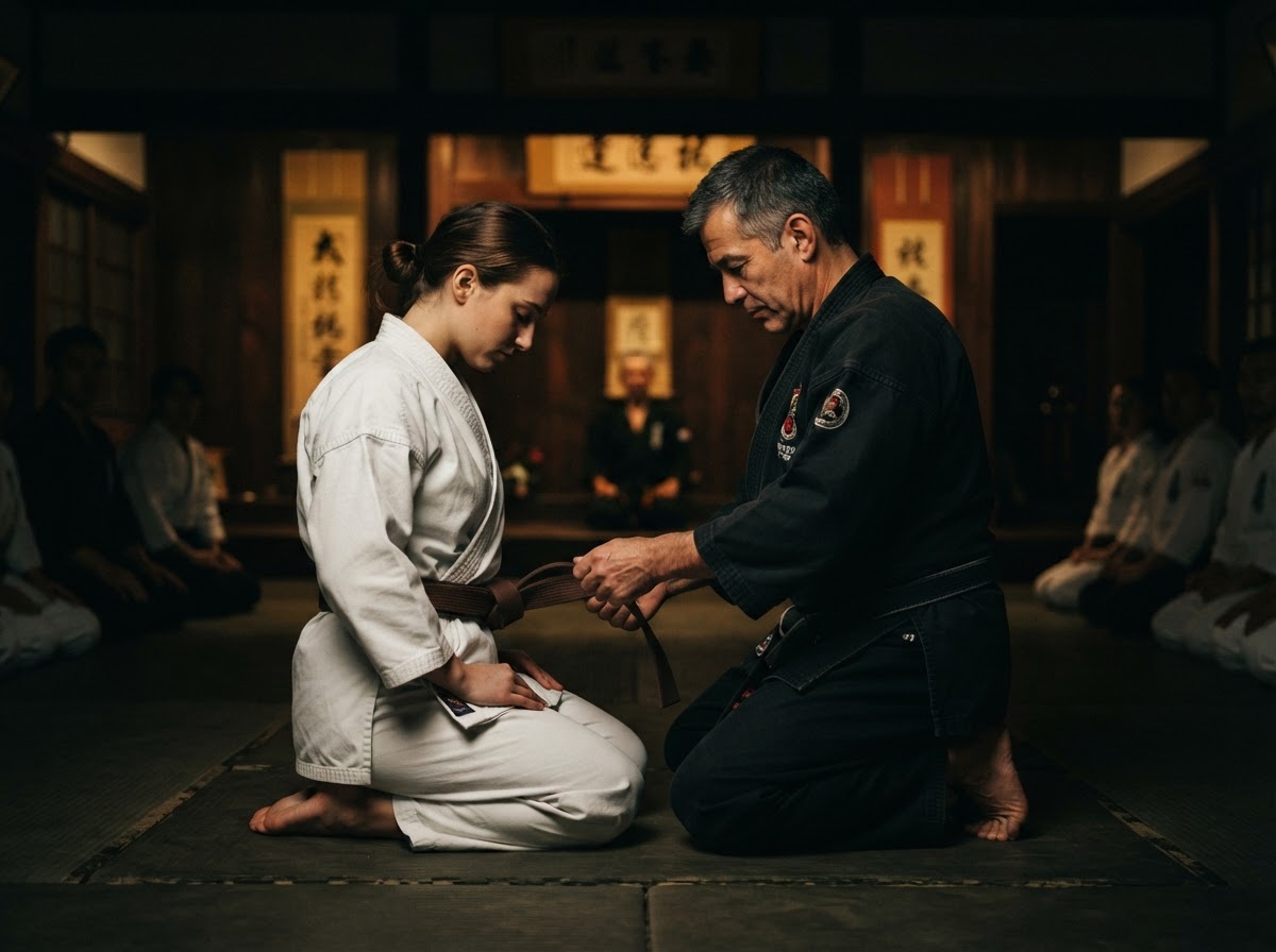 Instructor tying a new belt on a kneeling student during a promotion ceremony