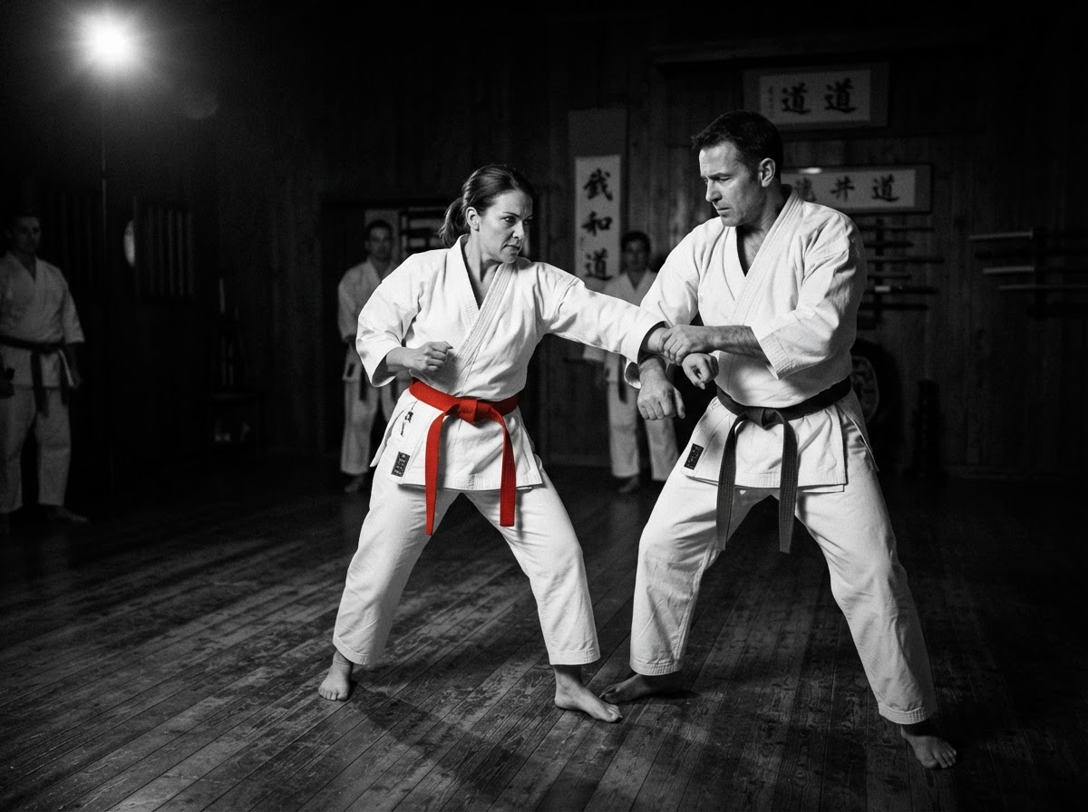Adult students practicing a self-defense escape technique in a dark dojo
