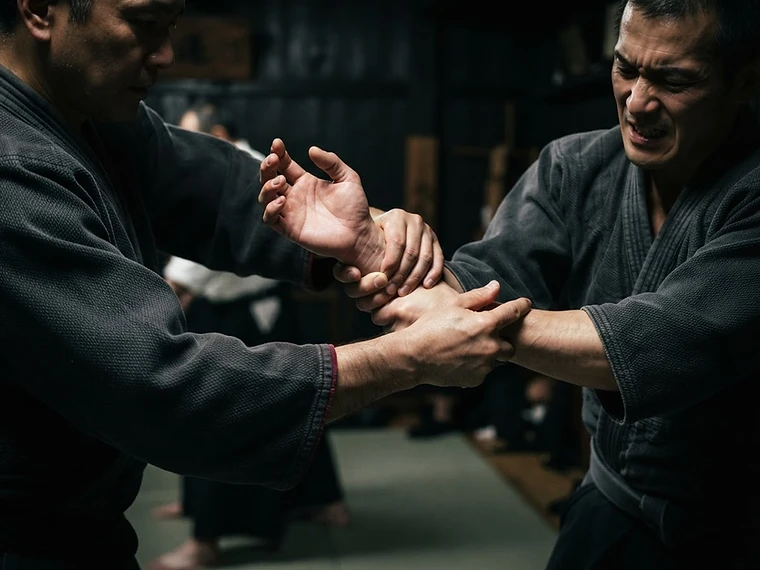Close-up of two students practicing a Hapkido wrist joint lock technique