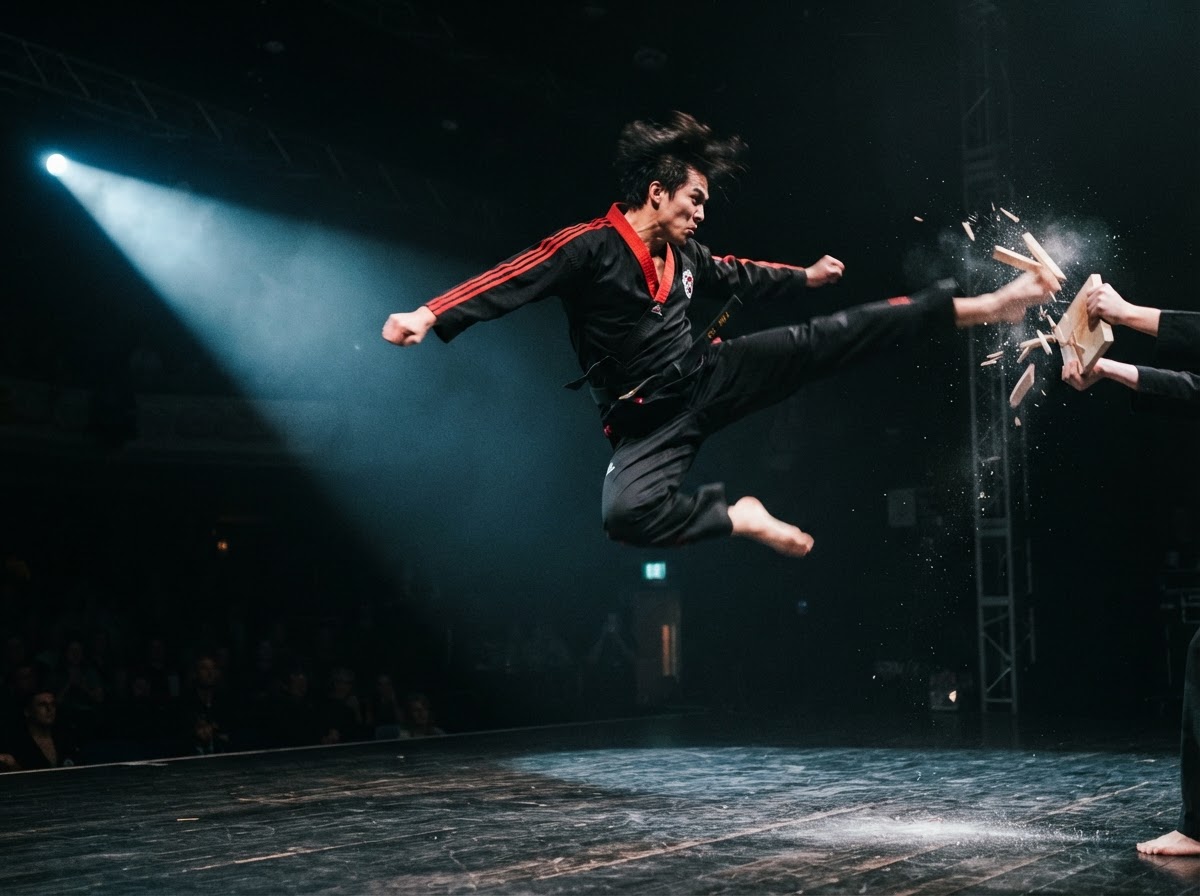 Martial artist performing a jumping kick under a stage spotlight
