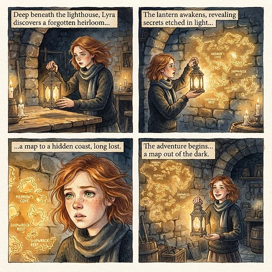 A young woman in a dim stone cellar discovering a glowing carved stone lantern beneath a loose plank