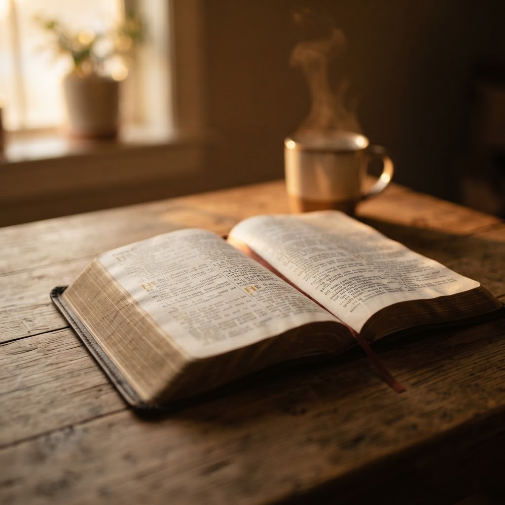 Åpen Bibel med varmt lys