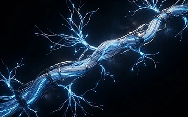 Glowing neural pathway of fiber-optic cables