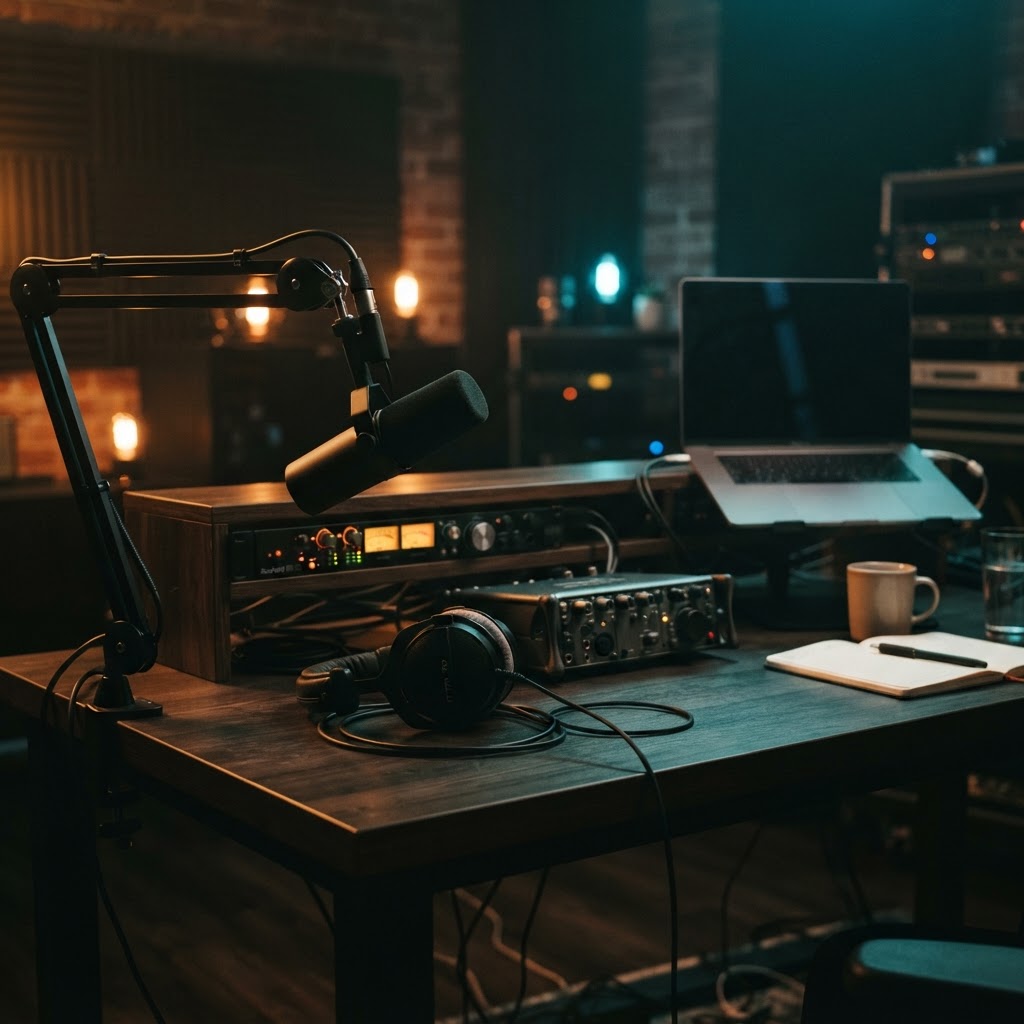 Podcast recording position: a condenser microphone on a boom arm lit by a studio softbox.