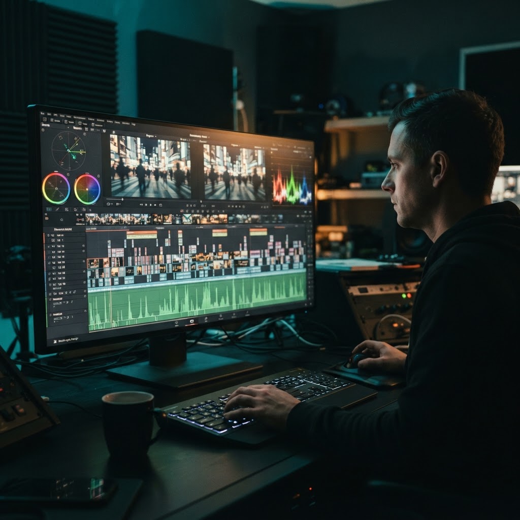 Edit timeline with stacked clip thumbnails and audio waveforms, cutting a long recording into short clips.