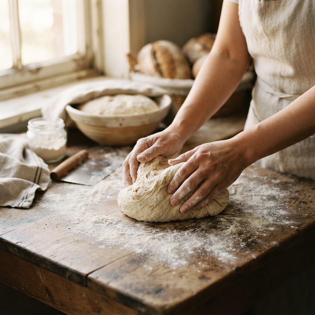 Hands kneading sourdough dough