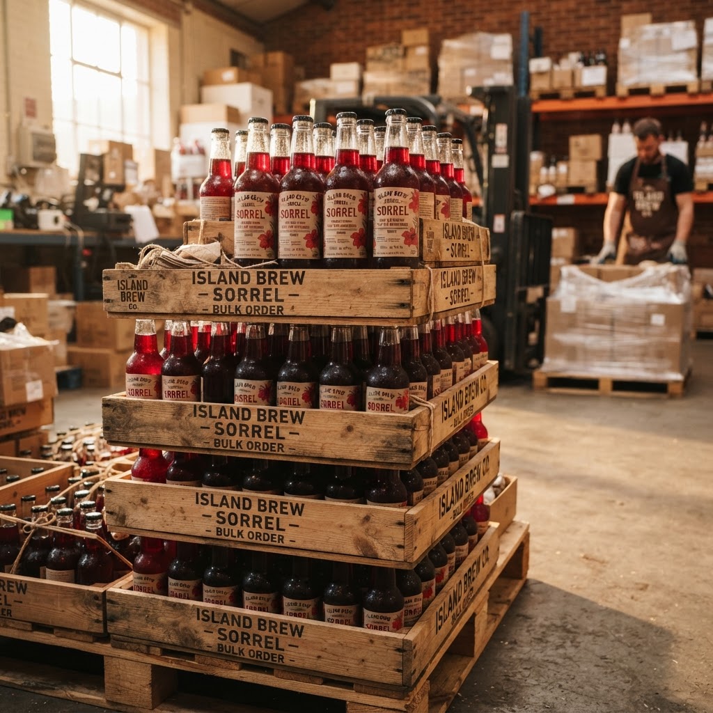 Crates of bottled sorrel for wholesale