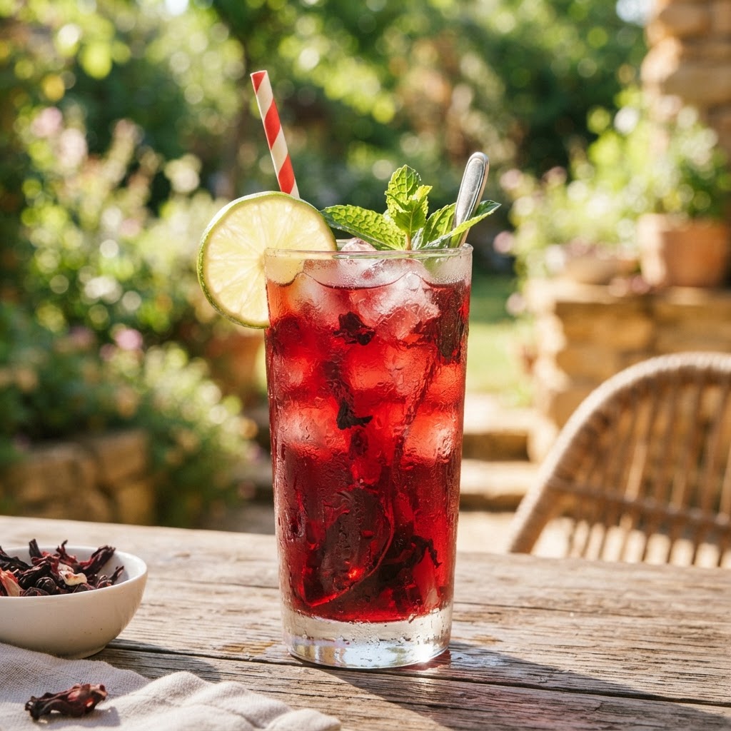 A glass of bright red sorrel over ice