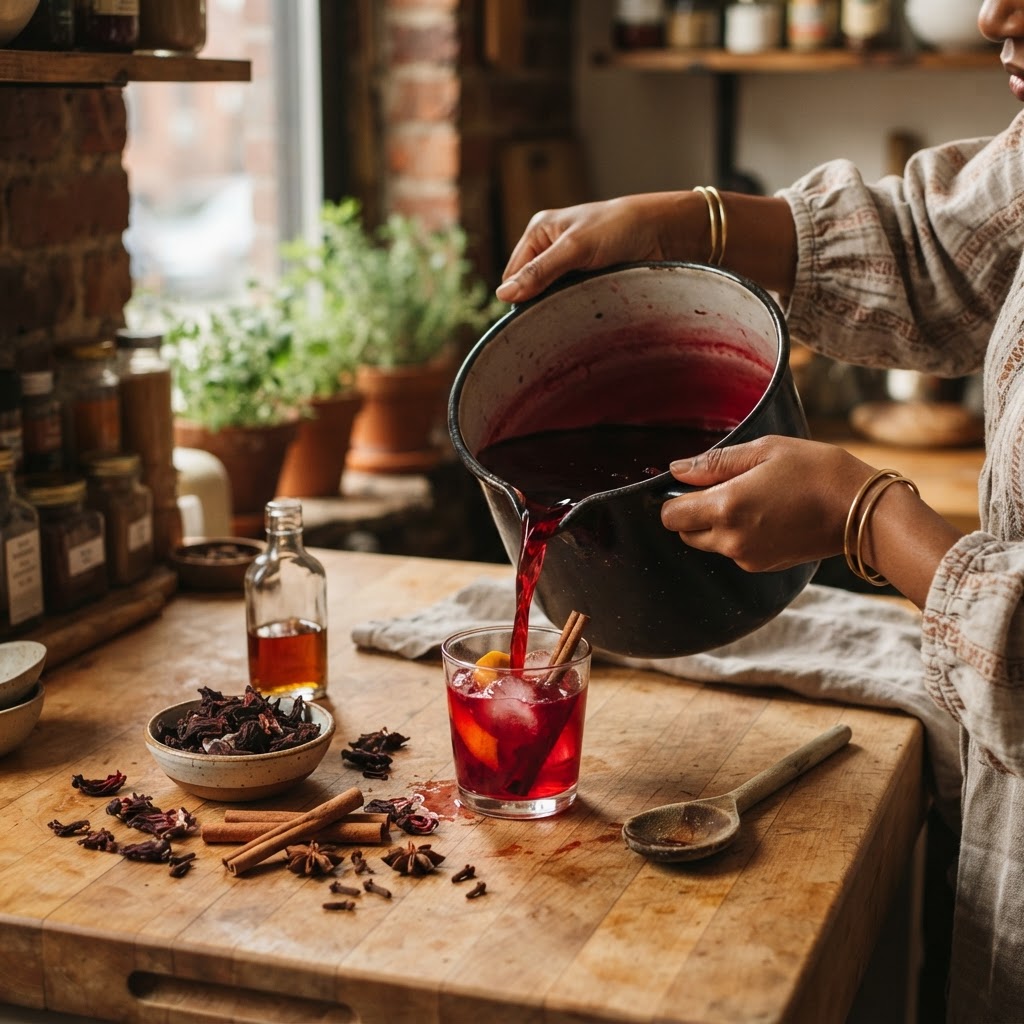 Hands pouring sorrel in a Brooklyn kitchen