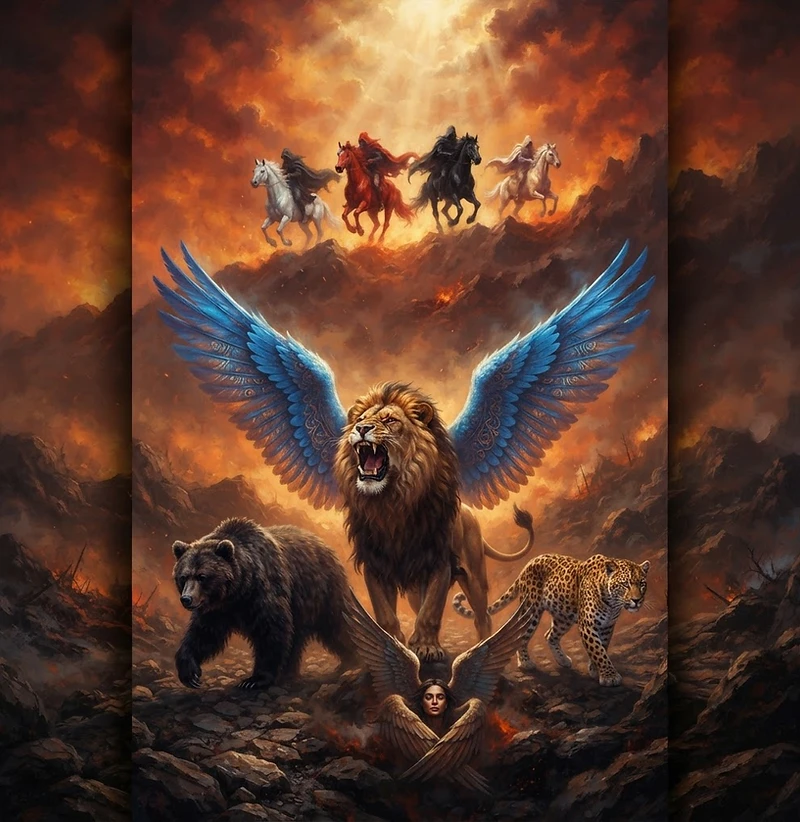 The beasts of Revelation — the four horsemen, winged lion, bear, and leopard