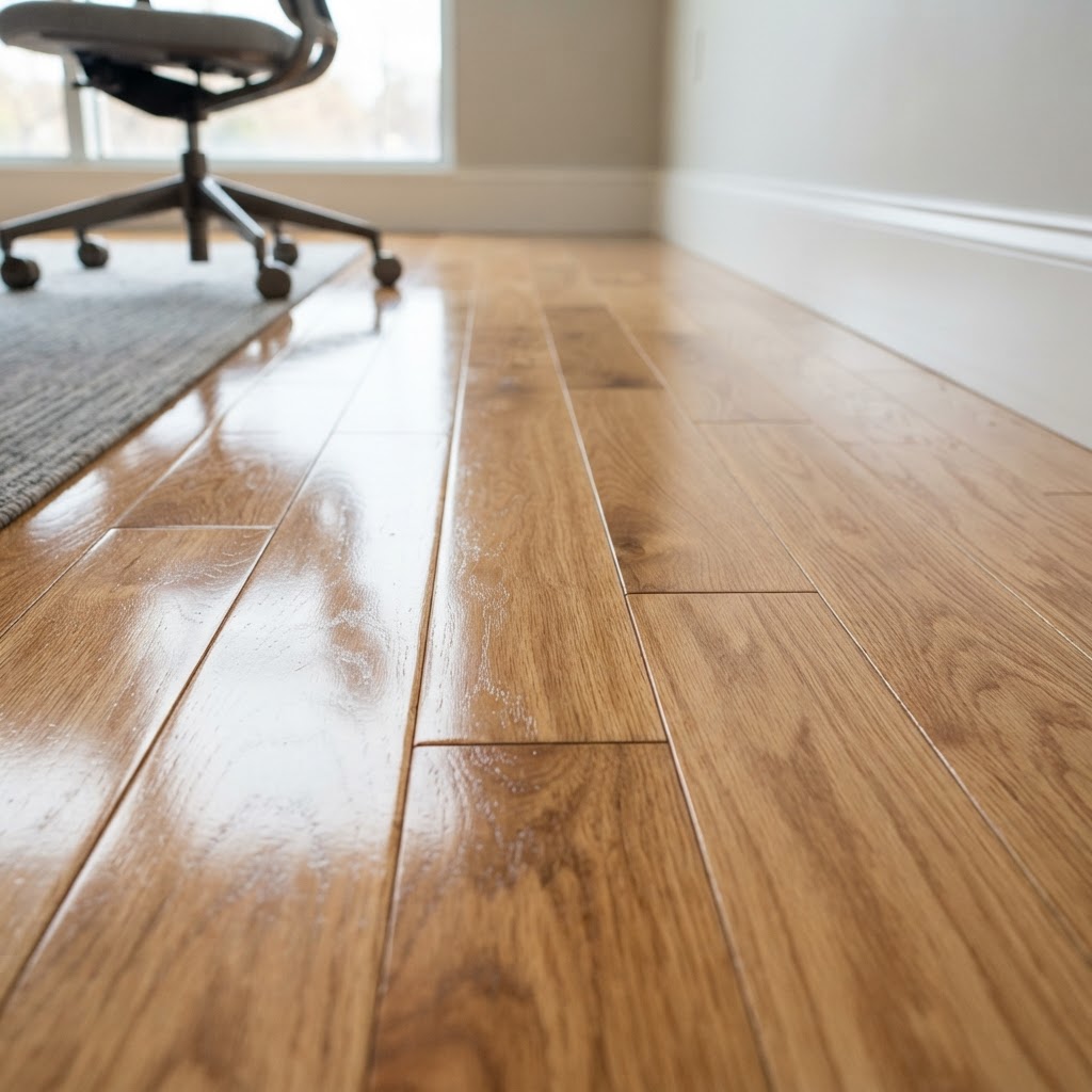Polished hardwood commercial floor with glossy finish