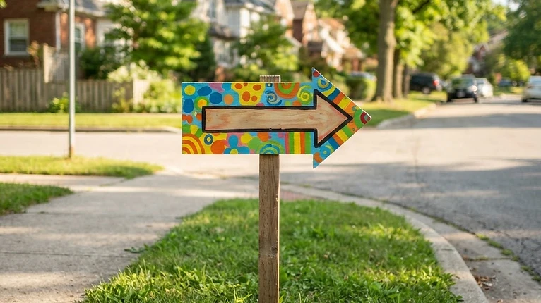 A colourful yard sale directional sign on a stake at a sunny suburban corner
