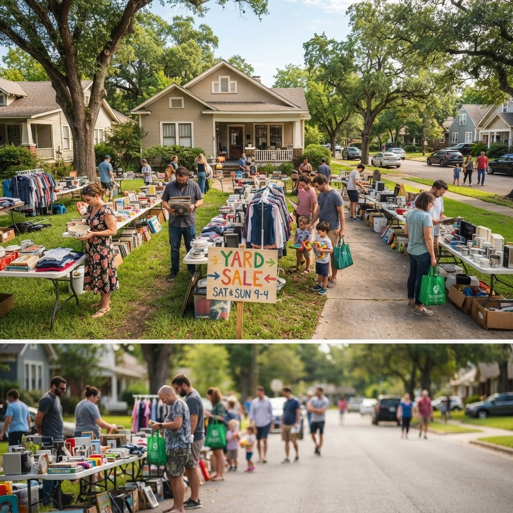 Yard sale in Moncton, New Brunswick with shoppers browsing tables of second-hand items