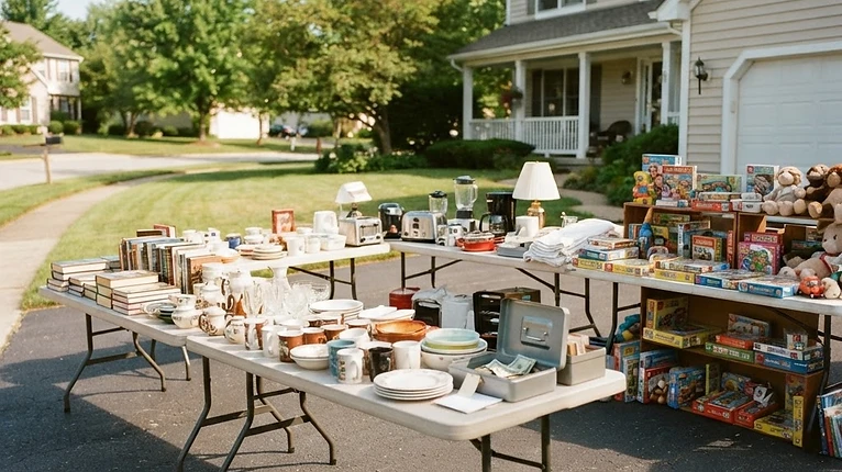 A yard sale set up with folding tables on a rented driveway