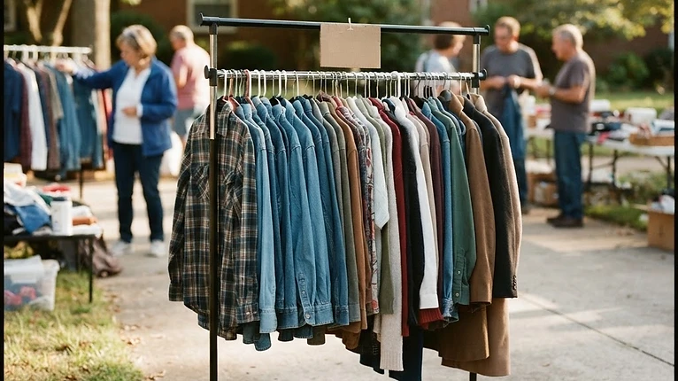 A portable clothing rack at an outdoor yard sale hung with neatly arranged second-hand shirts