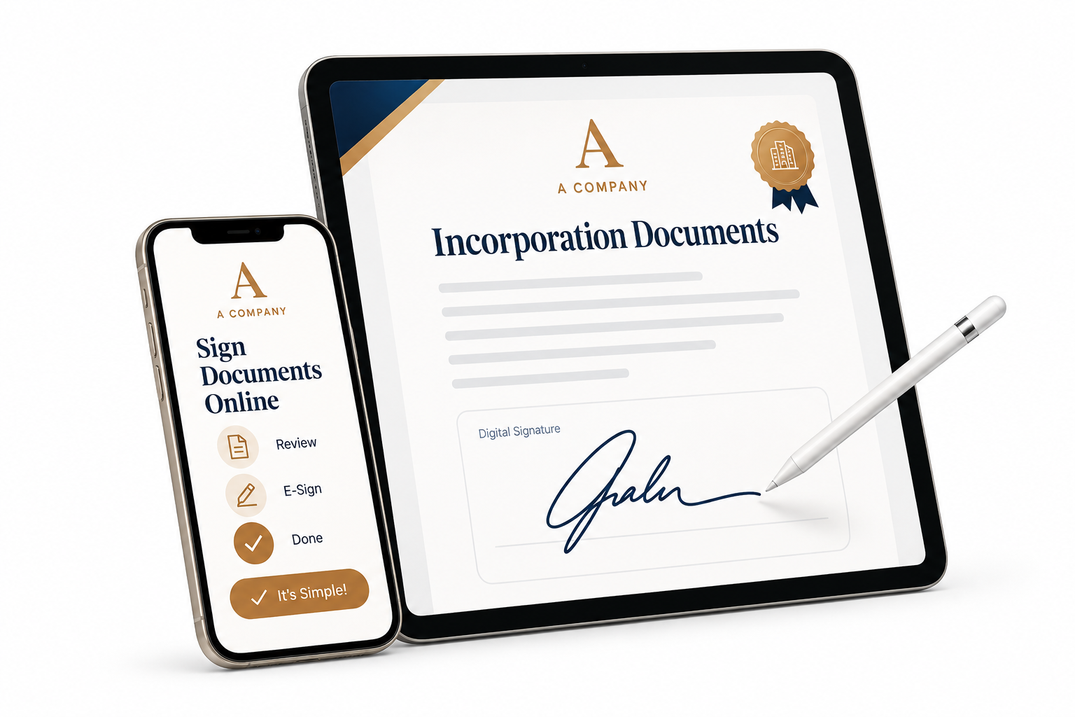 Sign incorporation documents online on mobile and tablet with A Company