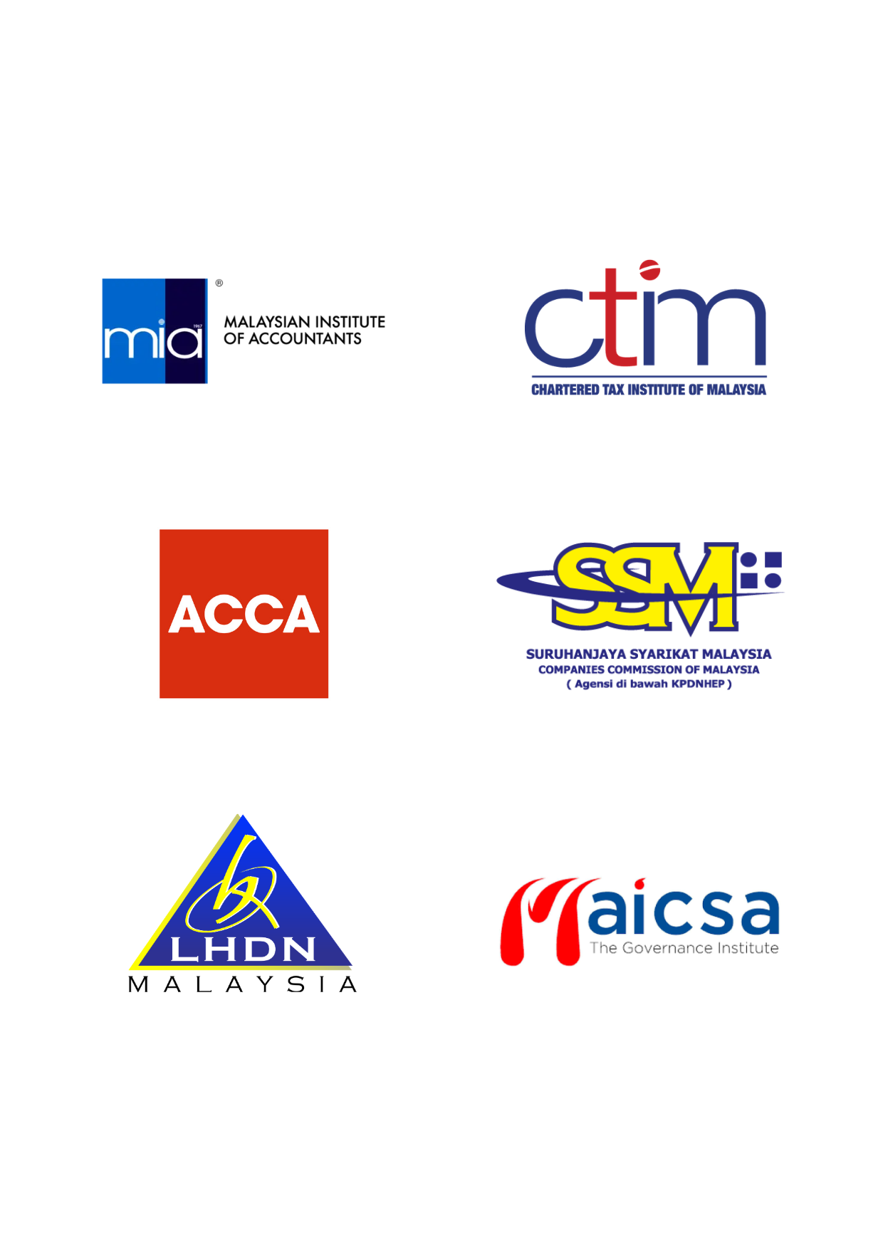 Malaysian regulatory and professional body logos — MIA, CTIM, ACCA, SSM, LHDN, MAICSA