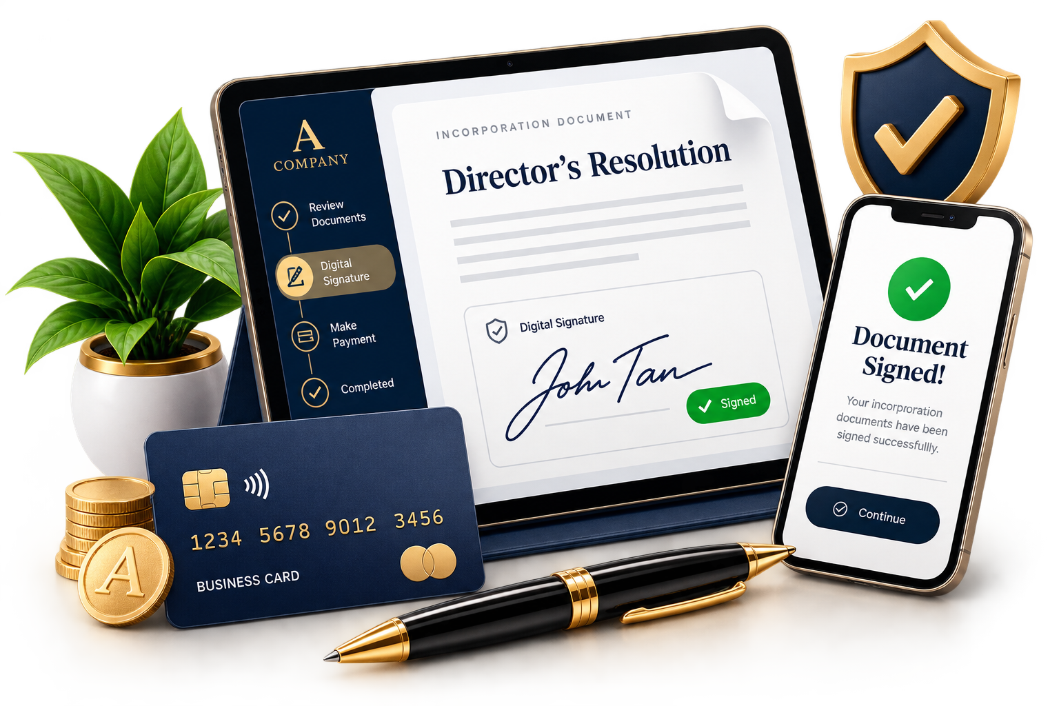 Sign incorporation documents digitally on a tablet and phone