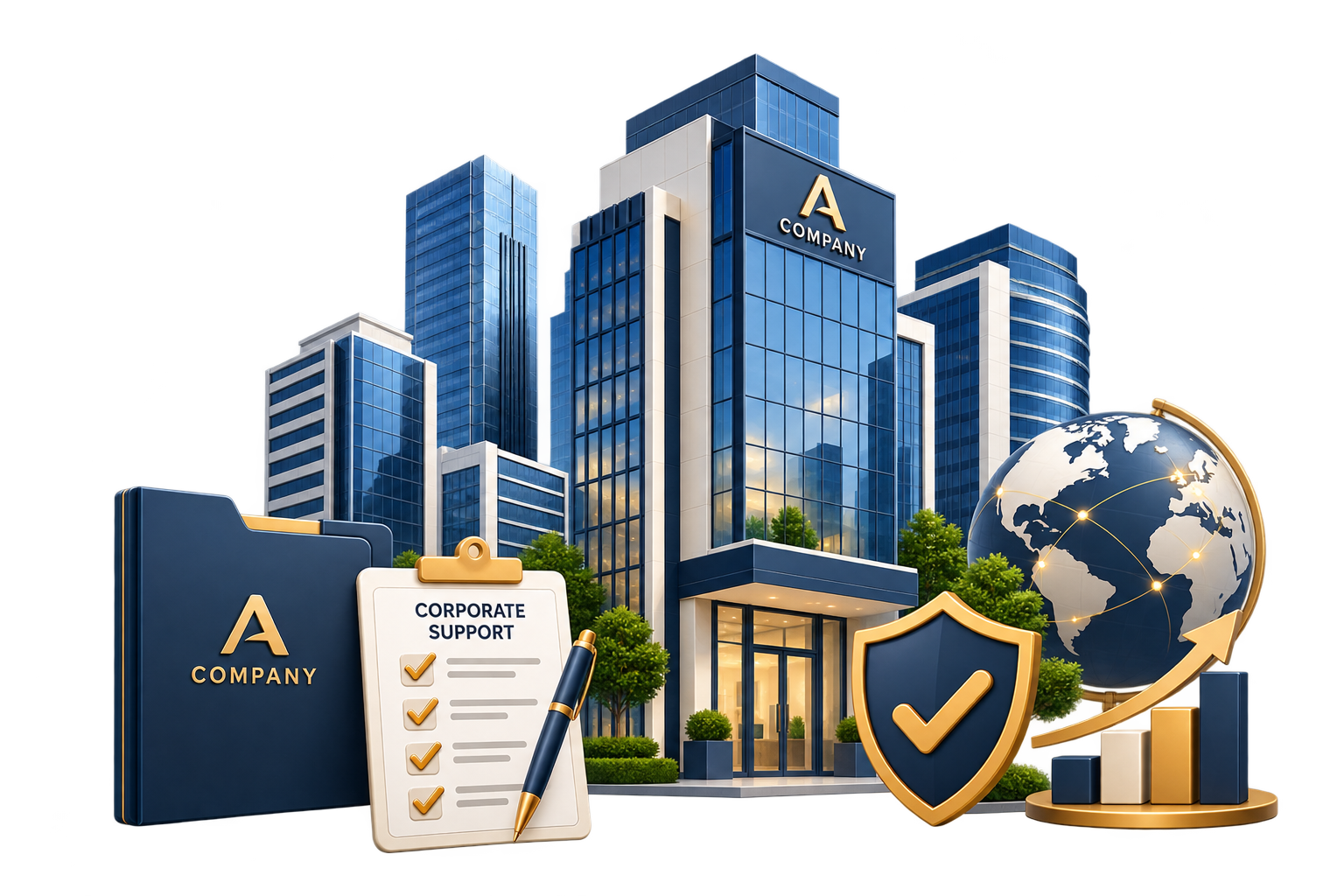 Corporate skyscraper complex representing the Pro plan for international businesses