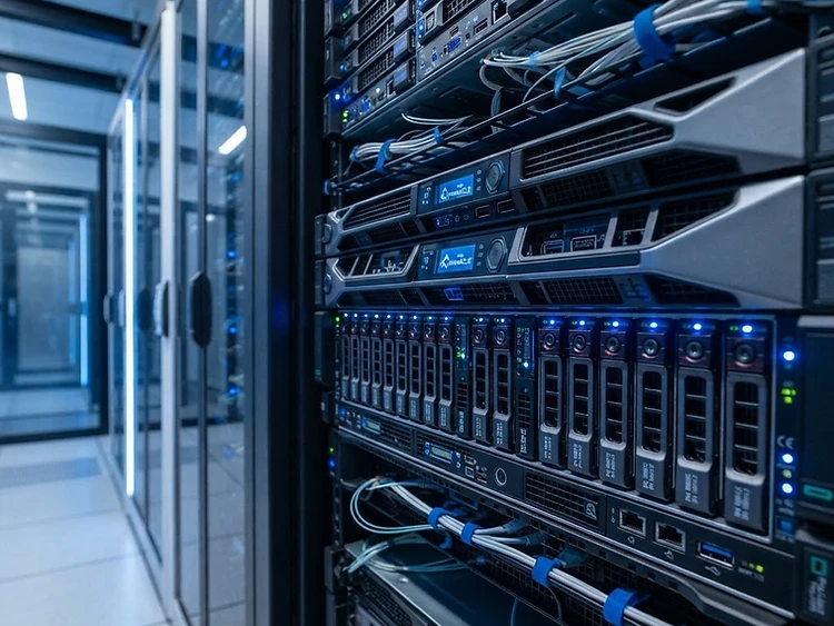 High-end server hardware with blue LED indicators in a clean data center