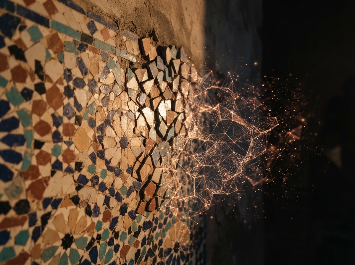 Mosaïque marocaine se transformant en maillage numérique