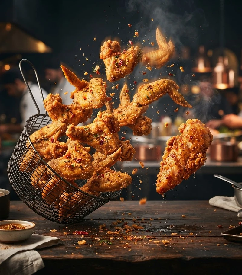 Crispy fried chicken wings and a tender piece of chicken falling down, fried fresh