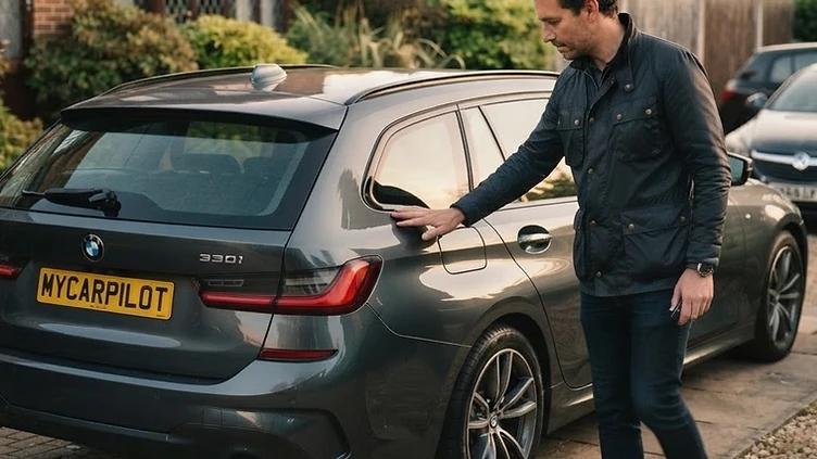 A confident buyer inspecting a used car with MyCarPilot