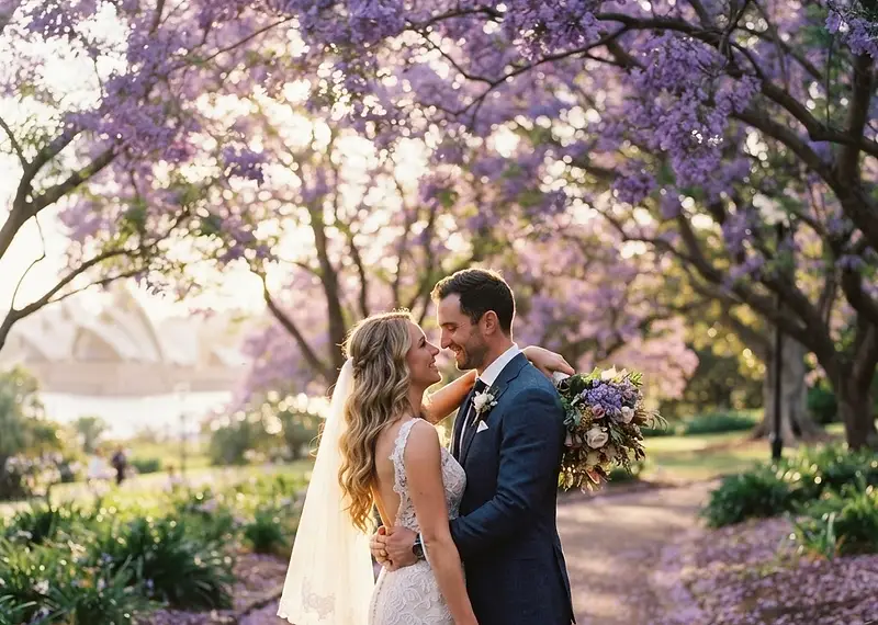 A Sydney bride and groom embracing beneath blooming jacaranda trees in soft golden spring afternoon light — natural light wedding portrait