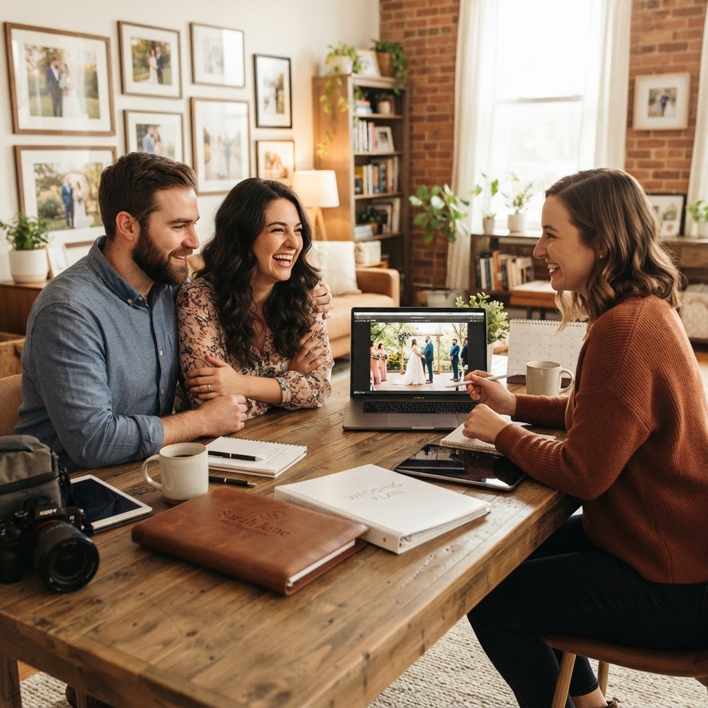 Wedding photographer meeting with a couple during a planning consultation