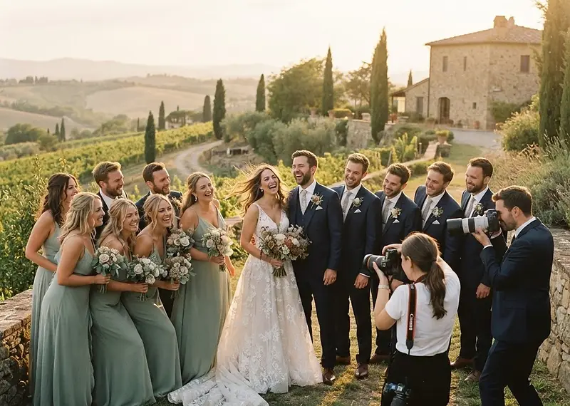 A wedding photographer capturing candid portraits of a couple following a structured wedding day timeline