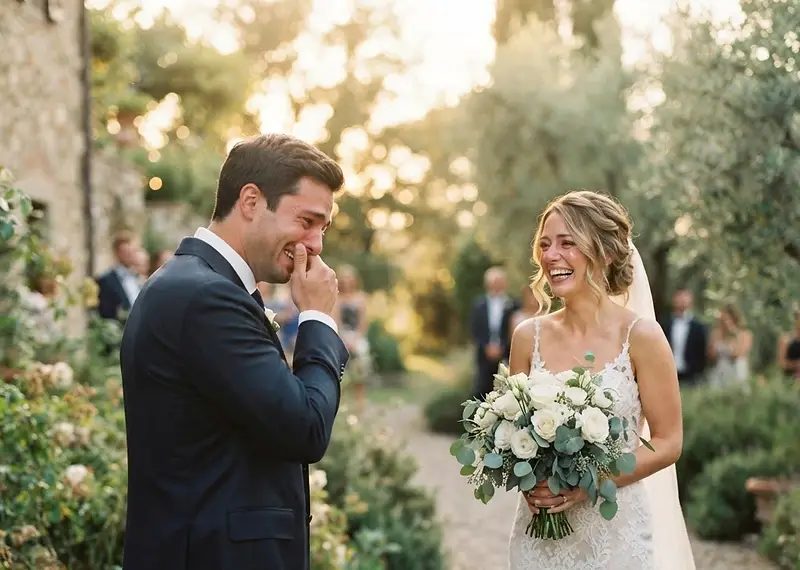 The emotional moment a bride and groom see each other for the first time during their wedding
