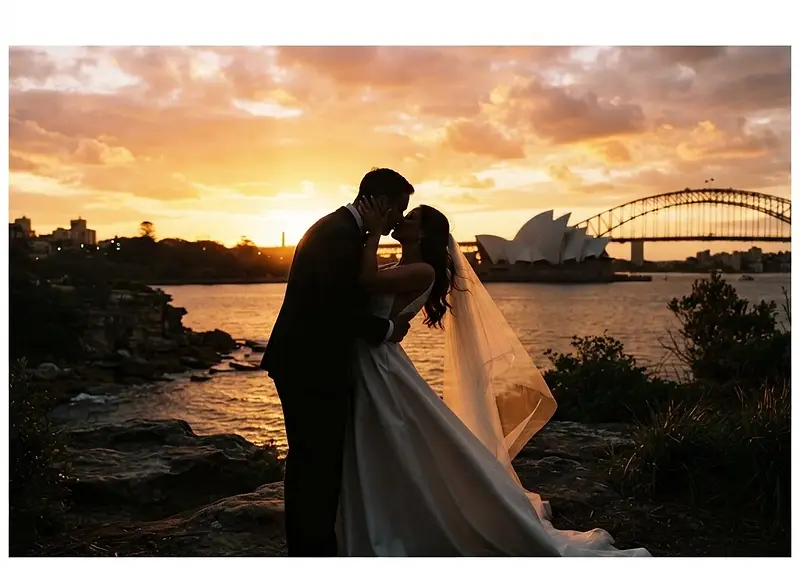 Romantic couple posing for wedding portraits with the iconic Sydney Opera House in the background at sunset