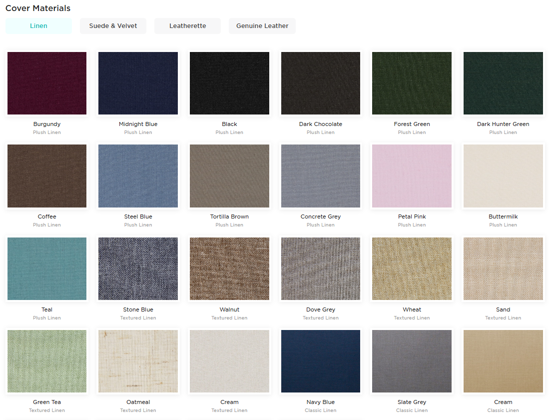 Linen cover material swatches — Plush, Textured and Classic linen options for wedding albums
