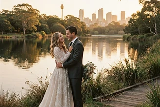 Belinda and Dom embracing near the greenery of Waterview Receptions at Bicentennial Park in Sydney