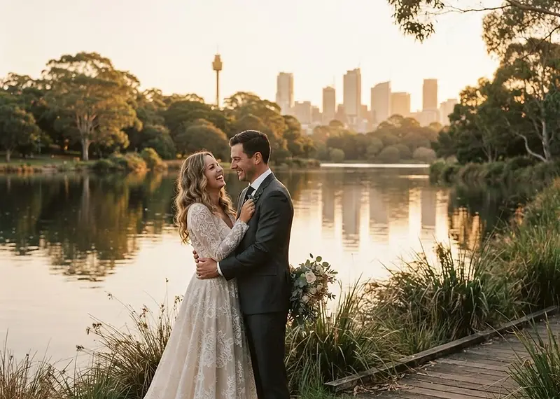 Belinda and Dom embracing near the greenery of Waterview Receptions at Bicentennial Park in Sydney