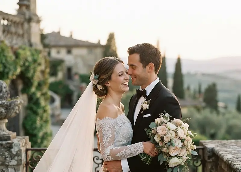 A romantic golden hour portrait of a wedding couple capturing timeless emotions and their love story
