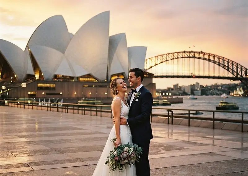 Dramatic Sydney Opera House architecture serving as a stunning backdrop for an elegant Sydney wedding photograph