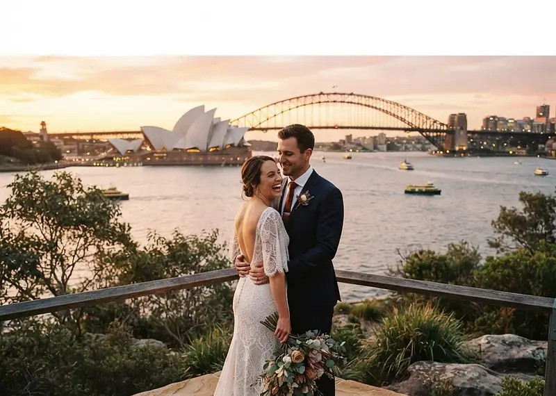Stunning panoramic view of a couple posing before the Sydney Opera House and Harbour Bridge