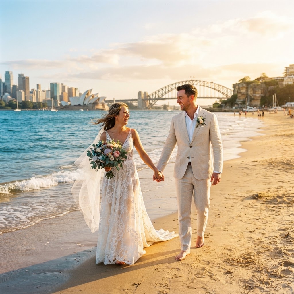 Happy couple walking hand in hand along a sunlit Sydney shoreline during their summer wedding day