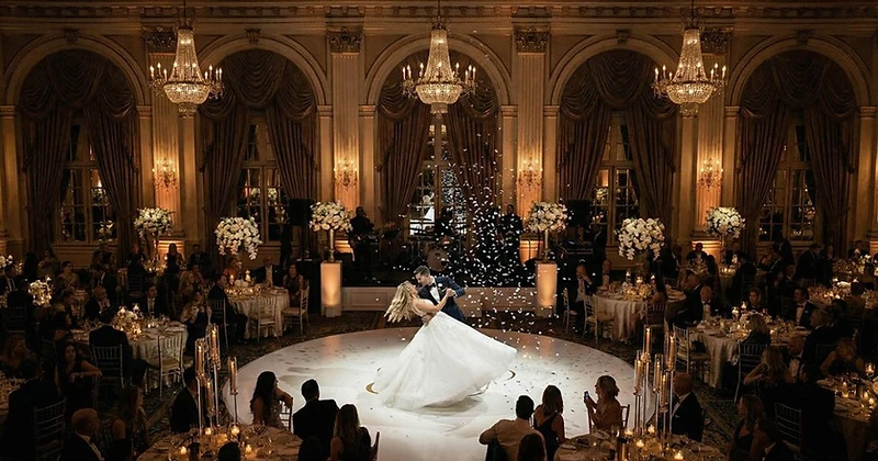 Real Sydney wedding photography — a couple dancing under confetti in a grand ballroom