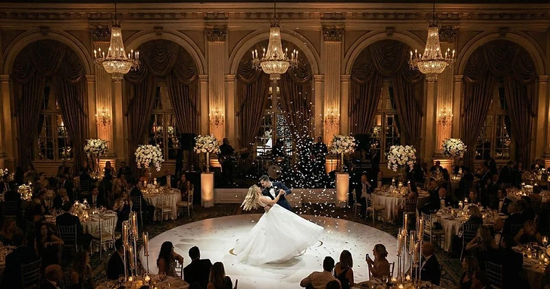 Sydney wedding photography — a couple dancing under confetti in a grand ballroom with crystal chandeliers
