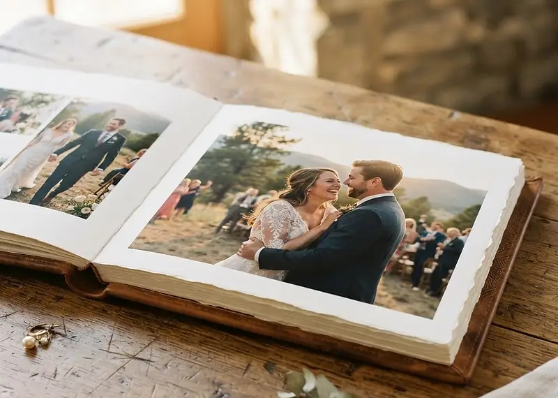 A beautifully laid out, high-quality professional wedding album resting on a table showing cherished wedding day memories