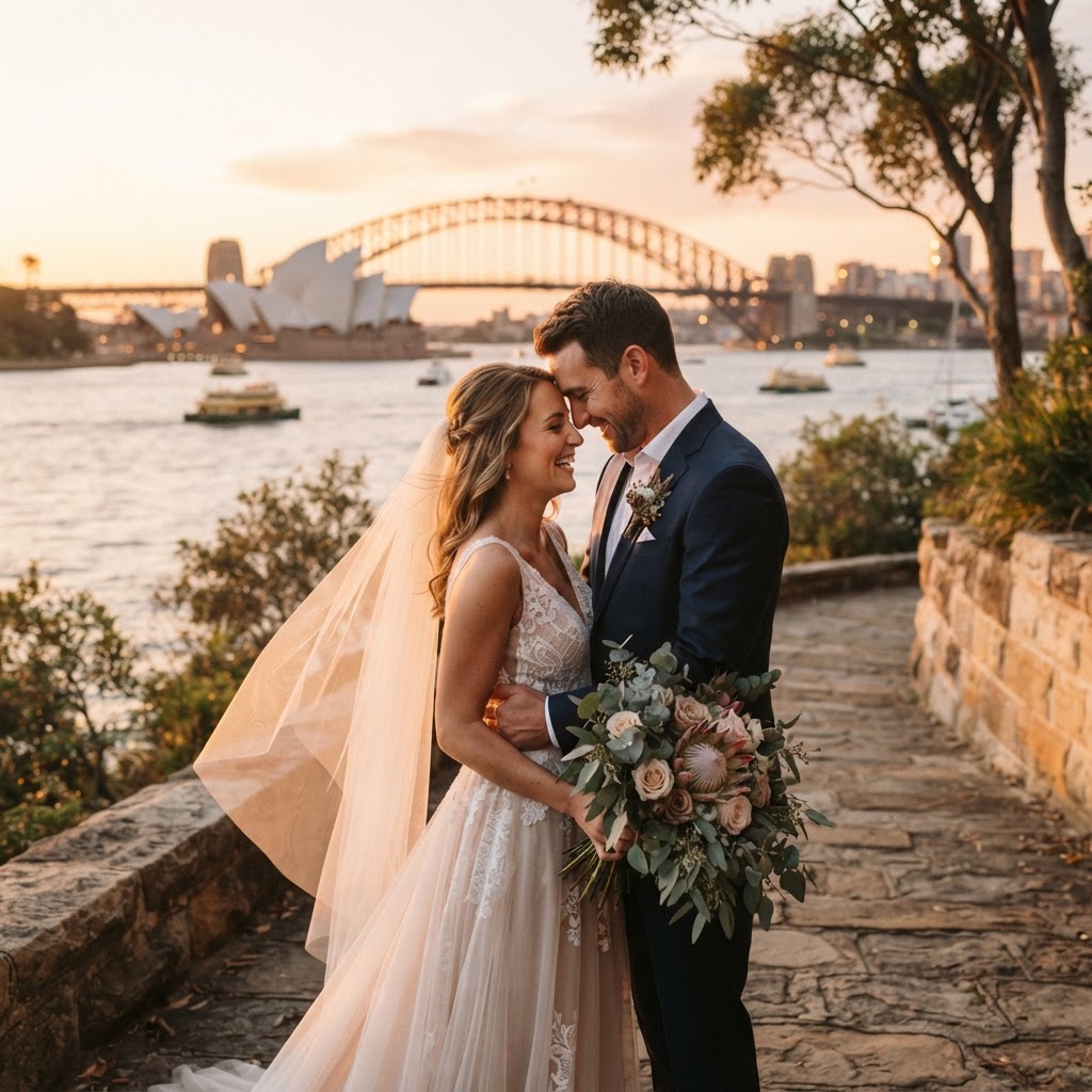 Candid shot of a couple sharing an intimate moment under soft golden hour light in Sydney