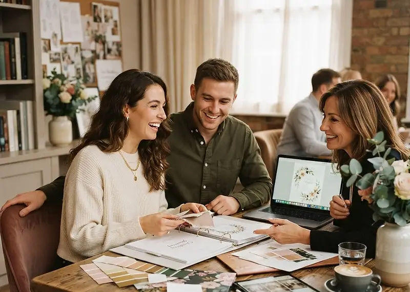 Couple reviewing photography portfolio with their photographer to plan for their big wedding day