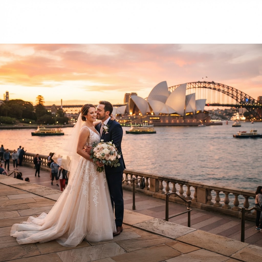 Romantic couple posing for wedding portraits with the Sydney Opera House in the background at sunset