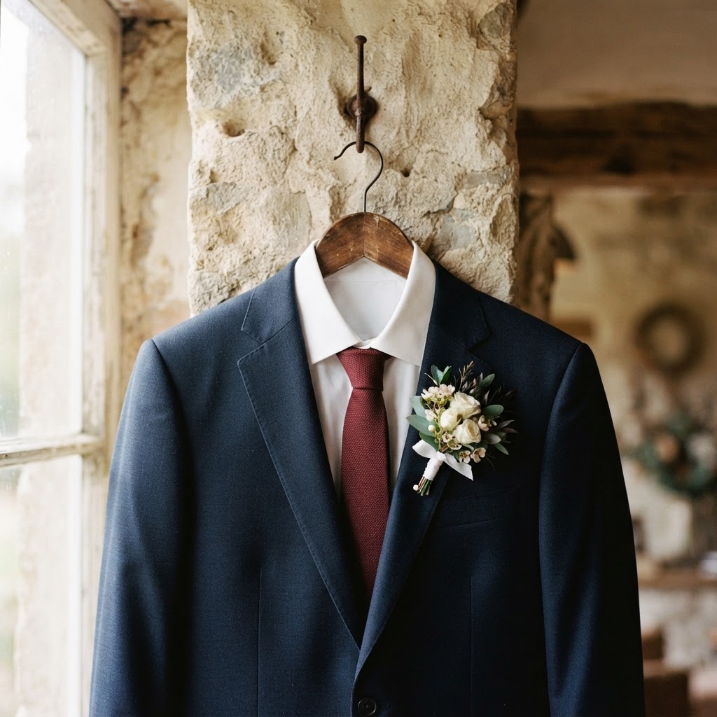 A groom’s navy suit hanging on a wooden hanger with a boutonniere pinned to the lapel
